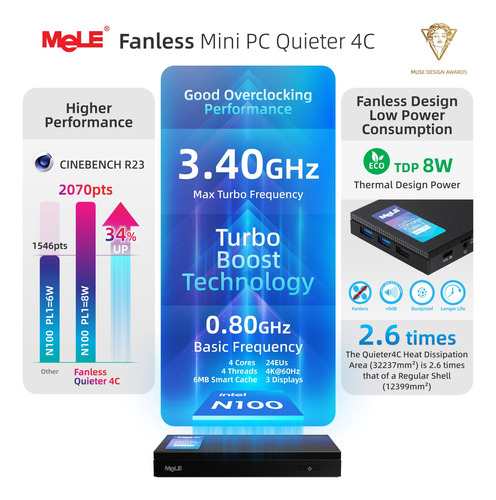 Mini Pc Mele Quieter 4c, N100 Computadoras Minis Sin