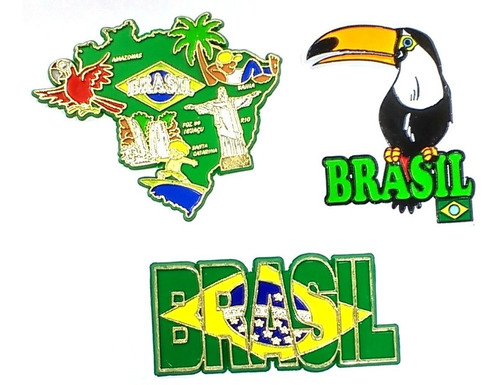 Kit 3 Imãs Geladeira Brasil Bandeiras Mapa Pássaros Souvenir