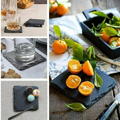 Posavasos De Pizarra De 12 Piezas, Con Soporte, Cuadrado