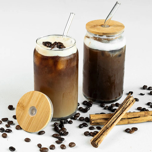 A Set De 4 Vasos Lata Vidrio 16oz Con Tapas Bambú Popote