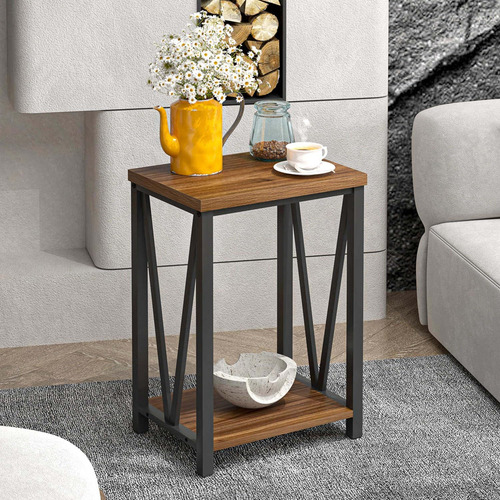 Mesa Auxiliar De Madera Rústica Y Metal Con Almacenamiento