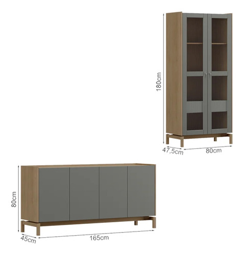Cristaleira 2p 1g Vidro Balcao Buffet 4p Oak Ferrolack Milan