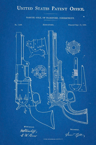 Cuadro Decorativo 1850 Samuel Colt Revolver Patente / Tela