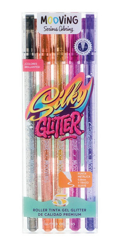 Lapicera Roller Tinta Gel Silky Glitter X5 Colores Mooving