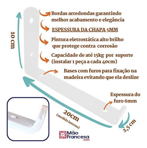 Mão Francesa Invertida 20cm 5mm 6 Peças Reforçada Industrial