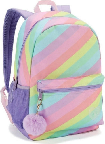 Mochila Escolar Passeio Infantil Juvenil Feminina Colorida Cor Lilás Desenho do tecido Listrado