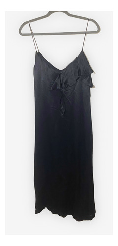 Vestido De Fiesta Zara Saten Negro Con Volado Y Tajo Midi (Usado)