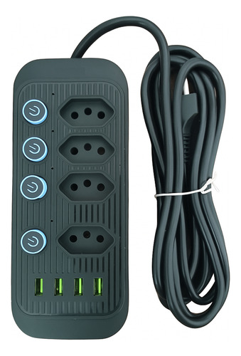 Extensão Filtro De Linha 4 Tomadas + 4 Usb Com 2m 110/220v Preto