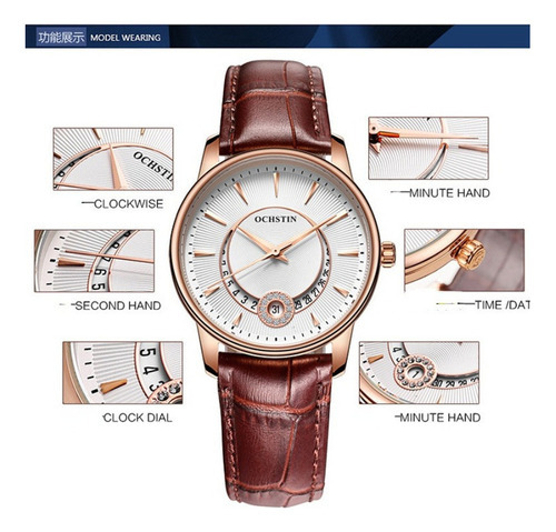 Relojes De Piel De Cuarzo Ochstin Fashion Calendar Color Del Bisel Blanco Plateado