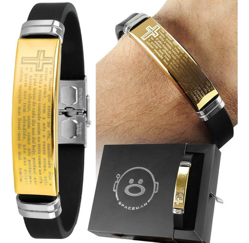 Pulseira Masculina Banhada Ouro Placa Aço Pai Nosso + Caixa