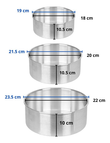 Set 3 Moldes Altos Rectos Aluminio Hornear Pastel 18,20,22cm Plateado