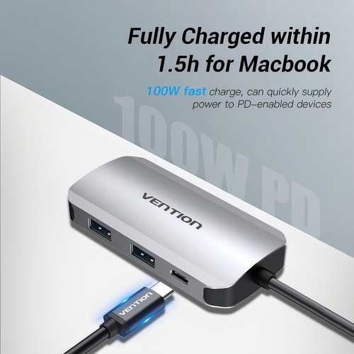 Hub USB Multipuerto Vention - 5 en 1 - Usb C + 4 Puertos Usb 3.0 + Power delivery USB C 100W - 5Gbps - Carcasa Aluminio - 15 CM - Premium Para Teclado / Disco rigido / Mac / Laptop - TGHHB