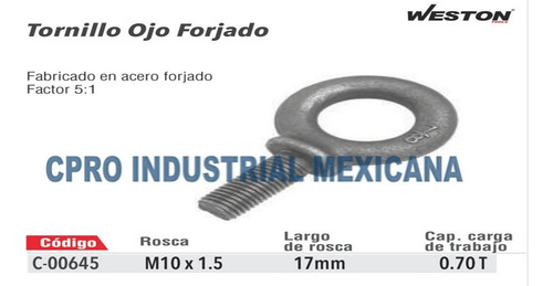 Tornillo Forjado Ojo M10x1.5 Paquete Con 10 Piezas P