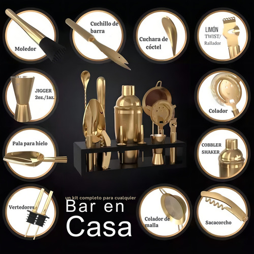 Set Coctelera Juego Bar Kit 13 Piezas Bartender Dorado Gold Cocktail