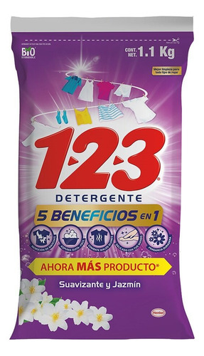 1-2-3 MAXI PODER con Suavizante y Jazmín, Detergente en Polvo, Con Suavizante Extra y Olor a Jazmín, Ropa Brillante, Fresca y Suave, 1.1 Kg