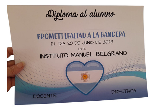 Souvenir Diploma Promesa Jura A La Bandera C/ Nombre Escuela Pack X20 Unidades
