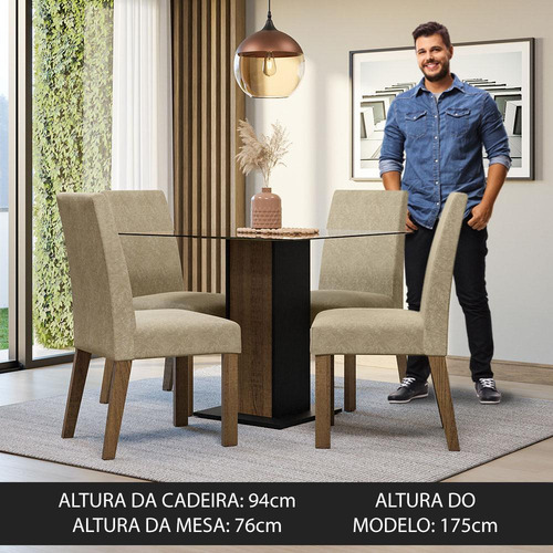 Sala Jantar Mesa Tampo Vidro 4 Cadeiras Ivy Madesa R/p Cor Rustic/Preto/Imperial