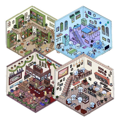 4 Juegos De Hermosas Pegatinas Divertidas Escena Isométrica