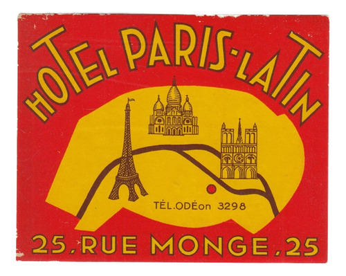 Luggage Antiguo Sticker Hotel Paris Latin Rue Monge Vintage (Usado)