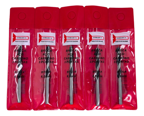 Kit Broca Aço Carbono 6mm 3 Pontas Para Madeira - 5 Unidades