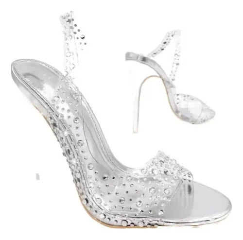 Sandalias Tacones Altos Pedrería Transparentes Para Dama