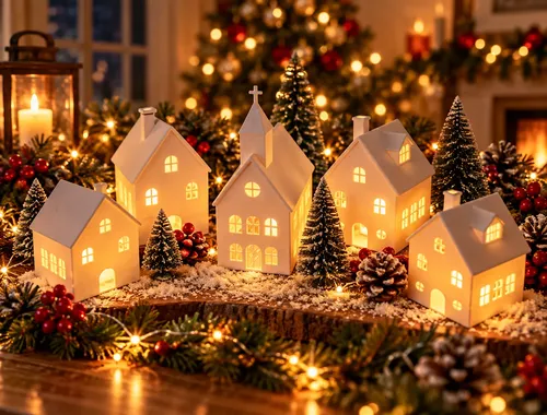 Vila Natalina Com Velas De Led 5 Casas De Natal Decorativa Branco Vila Natalina Com 5 Casas De Velas  Em Led