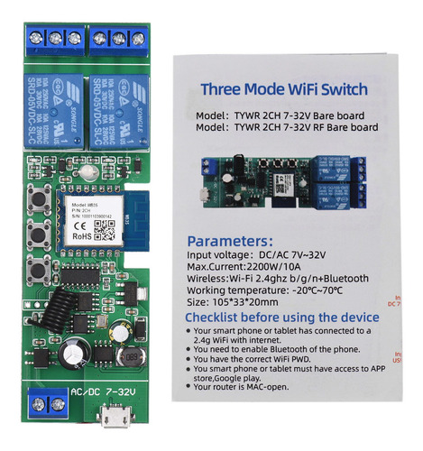 Imagen 6 de 9 de Tuya 2ch Dc5v/7-32v Wifi Interruptor Inalámbrico Relé Módulo