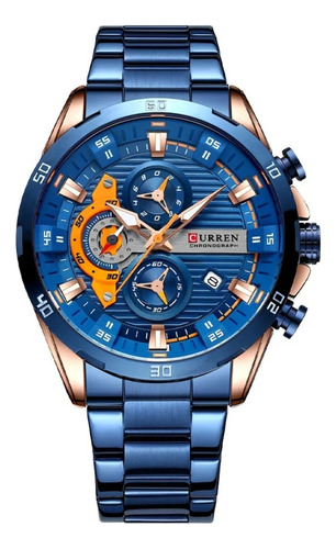 Relógio masculino Curren 8402, elegante, luxuoso, pulseira azul, pulseira azul, moldura azul, fundo azul