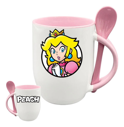 Taza Con Cuchara Peach Videojuegos Nintendo Mario Bross Rosa Peach