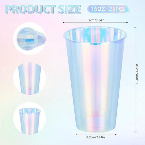 25 Vasos De Plástico Iridiscentes Holográficos Transparentes