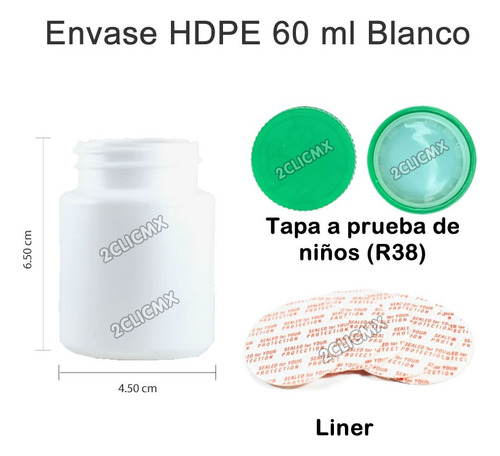 30 Frasco Bote Capsulero Blanco 60 Ml Tapa Verde Capsulas