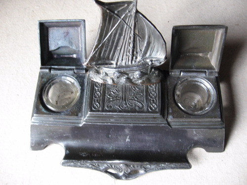 Antiguo Tintero De Peltre - C 1940