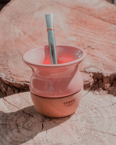 Mate Chaco De Cerámica Y Madera + Bombilla Inox + Funda Color Rosa