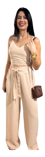 Conjunto Calça Pantalona Alfaiataria Blusa Bojo Alça Reguláv