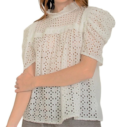 Blusa Importada Romántica Mujer Manga Corta Broderie