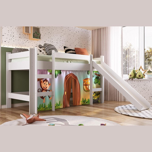 Cama Infantil Escorregador Alta Cortina Zoo Quarto Branco