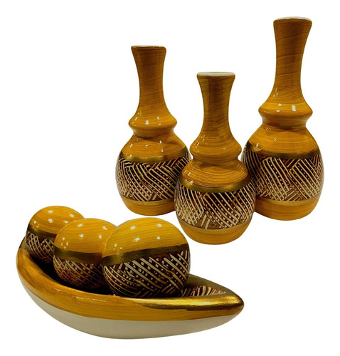 Conjunto Enfeite Sala Ceramica Centro Mesa Decorativo Cores Cor Cristal Mostarda Dourado