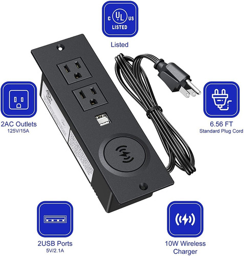 Imagen 2 de 6 de Grommet 2 Toma Corriente 2 Usb Y Carga Inalambrica De Lujo