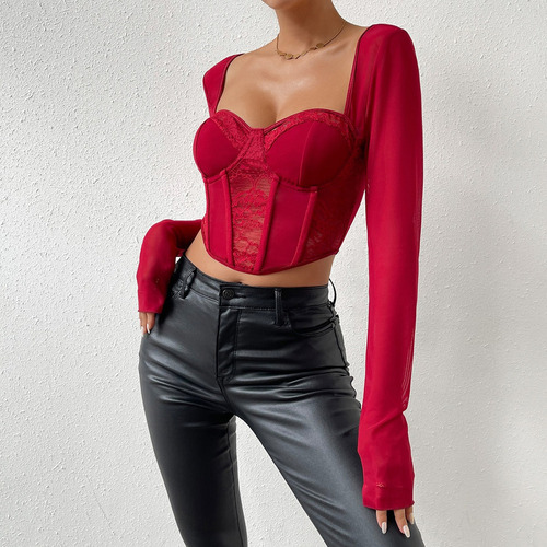 Rt Blusa Crop Top Campesina Corset Encaje Malla Manga Larga