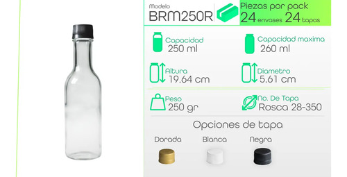 Botella De Vidrio 375 Ml Redonda (24 Piezas) Envase Bebidas Botella Redonda 375 Ml Tapa Negra