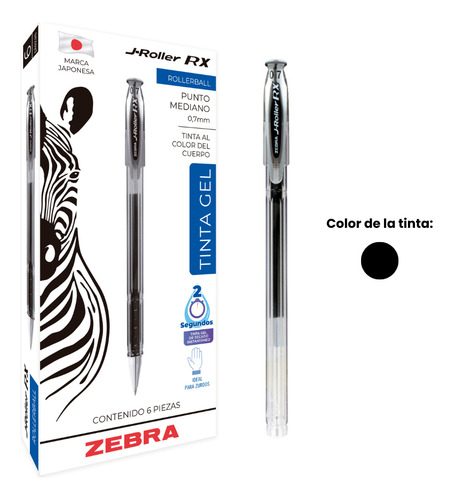 Zebra J-roller Rx Rollerball Tinta Gel 0.7 Mm Caja 6 Piezas Negro Negro