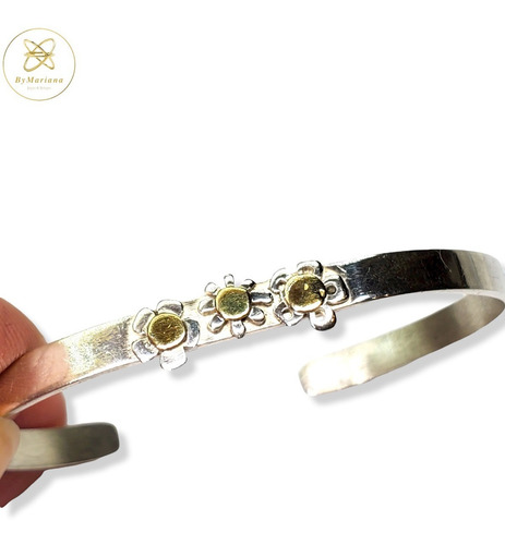 Imagen 3 de 6 de Pulsera Plata Y Oro Semiesclava Con Flores