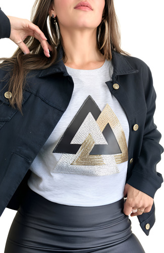 Remera Algodón Mujer Aplique Lentejuelas Geométrico Amplias
