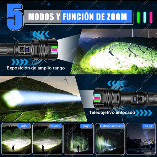 SUZWIP Lámpara Táctica 300000lm 4 En 1 Con Power Bank Y RGB LED USB Recargable Lámpara Linterna 5 Modos Negro Ultra Potente luz Impermeable Portátil
