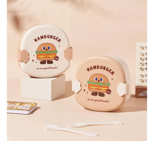 Lunchera Vianda Tupper Infantil Kawaii Con Cubiertos Chufi Base Beige Vianda Hamburger