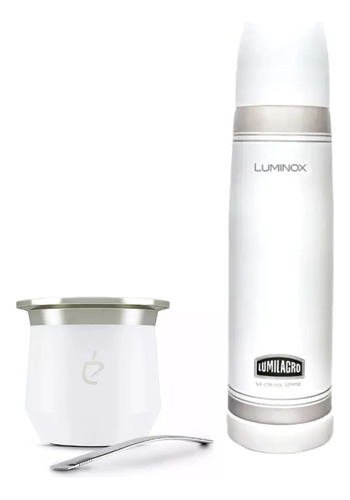 Set Termo Lumilagro Luminox Blanco + Un Mate 230ml+ Bombilla