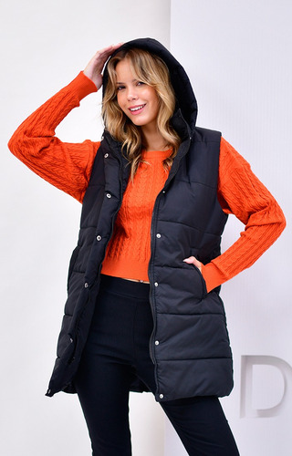 Chaleco Largo Mujer Matelassé Con Capucha Impermeable Puffer