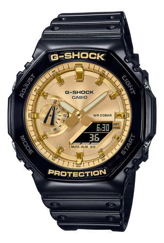 Relógio de pulso analógico-digital Casio GA-2100GB-1ADR para homens, fundo dourado, com pulseira de resina preta, moldura preta e fivela simples