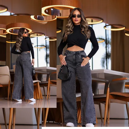 Calça Jeans Wide Leg Cargo Feminino