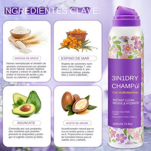 Shampoo En Seco Aerosol Spray Capilar Sin Enjuague 3 En 1